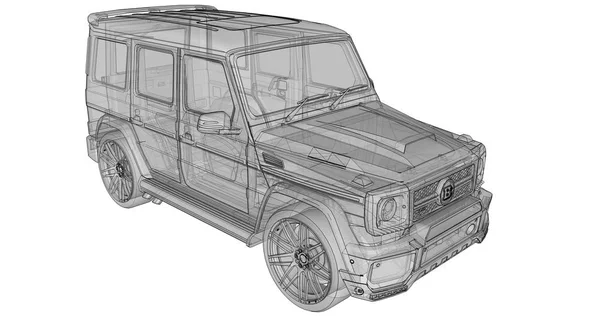 Rasterdreidimensionale Darstellung der Mercedes-Benz G-Klasse. Tuning-Version des Autos aus dem Studio Brabus mit gesteigerter Leistung und aggressivem Sportdesign. 3D-Darstellung. — Stockfoto