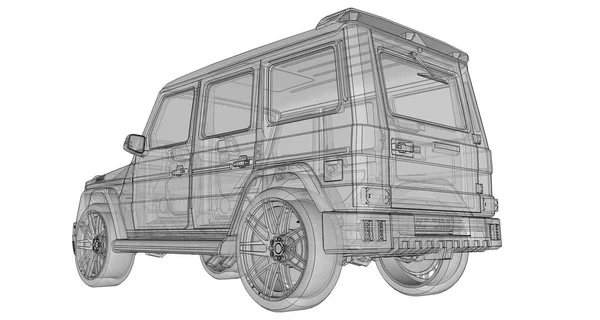 Raster tredimensionell illustration av bil Mercedes-Benz G-klass. Tuning version av bilen från den Studio Brabus med ökad kraft och aggressiva sport design. 3D-rendering. — Stockfoto