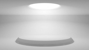 Tasarımınızı gösteren bir stand. Bir yuvarlak Kaide diffüz topaç tarafından ışık aydınlatılmış platform. Işık kızdırma. Gelecekteki arka plan. 3D render.