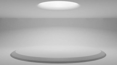 Tasarımınızı gösteren bir stand. Bir yuvarlak Kaide diffüz topaç tarafından ışık aydınlatılmış platform. Işık kızdırma. Gelecekteki arka plan. 3D render.