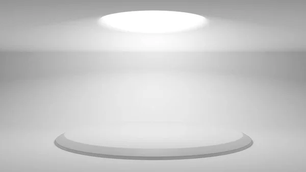 Um suporte para demonstrar o seu design. Uma plataforma de pedestal redonda iluminada por uma luz superior difusa. Brilho de luz. Contexto futuro. Renderização 3D . — Fotografia de Stock