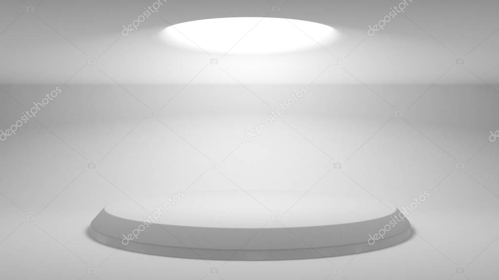 A stand for demonstrating your design. A round pedestal-platform illuminated by a diffuse top light. Light glow. Future background. 3D rendering.