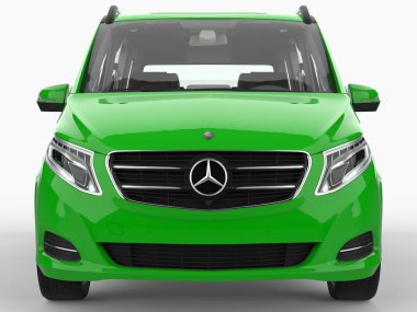 Yeşil Mercedes-Benz V sınıf beyaz zemin üzerinde. Üç boyutlu raster resim. 3D render.
