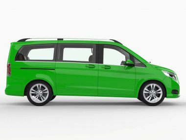 Yeşil Mercedes-Benz V sınıf beyaz zemin üzerinde. Üç boyutlu raster resim. 3D render.