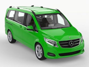 Yeşil Mercedes-Benz V sınıf beyaz zemin üzerinde. Üç boyutlu raster resim. 3D render.
