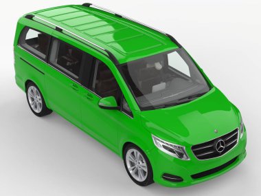Yeşil Mercedes-Benz V sınıf beyaz zemin üzerinde. Üç boyutlu raster resim. 3D render.