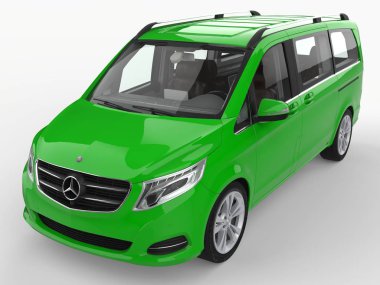 Yeşil Mercedes-Benz V sınıf beyaz zemin üzerinde. Üç boyutlu raster resim. 3D render.