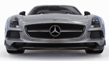 Mercedes-Benz Sls gri metalik renkler. Üç boyutlu raster resim. İzole araba beyaz arka plan üzerinde. 3D render.