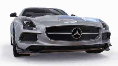 Mercedes-Benz Sls gri metalik renkler. Üç boyutlu raster resim. İzole araba beyaz arka plan üzerinde. 3D render.