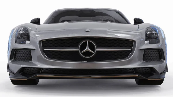 Mercedes-Benz SLS colores gris metálico. Ilustración de trama tridimensional. Coche aislado sobre fondo blanco. renderizado 3d . — Foto de Stock