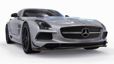 Mercedes-Benz Sls gri metalik renkler. Üç boyutlu raster resim. İzole araba beyaz arka plan üzerinde. 3D render.