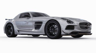 Mercedes-Benz Sls gri metalik renkler. Üç boyutlu raster resim. İzole araba beyaz arka plan üzerinde. 3D render.