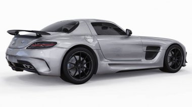 Mercedes-Benz Sls gri metalik renkler. Üç boyutlu raster resim. İzole araba beyaz arka plan üzerinde. 3D render.