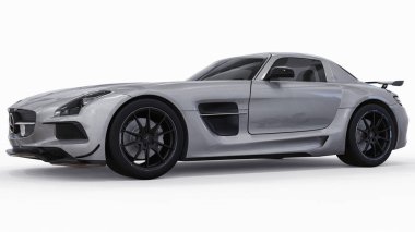 Mercedes-Benz Sls gri metalik renkler. Üç boyutlu raster resim. İzole araba beyaz arka plan üzerinde. 3D render.