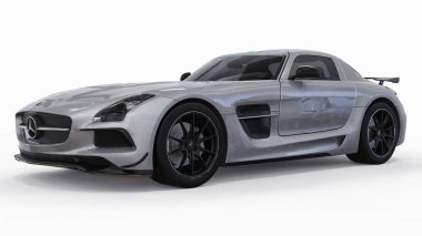Mercedes-Benz Sls gri metalik renkler. Üç boyutlu raster resim. İzole araba beyaz arka plan üzerinde. 3D render.