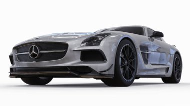 Mercedes-Benz Sls gri metalik renkler. Üç boyutlu raster resim. İzole araba beyaz arka plan üzerinde. 3D render.