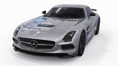 Mercedes-Benz Sls gri metalik renkler. Üç boyutlu raster resim. İzole araba beyaz arka plan üzerinde. 3D render.