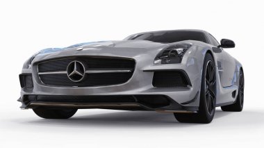 Mercedes-Benz Sls gri metalik renkler. Üç boyutlu raster resim. İzole araba beyaz arka plan üzerinde. 3D render.