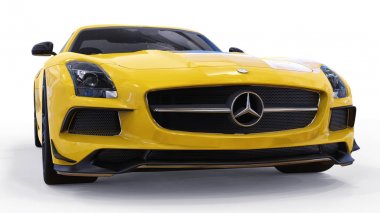 Mercedes-Benz Sls sarı. Üç boyutlu raster resim. İzole araba beyaz arka plan üzerinde. 3D render.