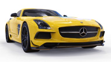 Mercedes-Benz Sls sarı. Üç boyutlu raster resim. İzole araba beyaz arka plan üzerinde. 3D render.