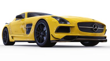 Mercedes-Benz Sls sarı. Üç boyutlu raster resim. İzole araba beyaz arka plan üzerinde. 3D render.