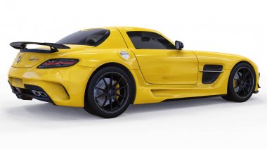 Mercedes-Benz Sls sarı. Üç boyutlu raster resim. İzole araba beyaz arka plan üzerinde. 3D render.