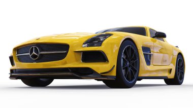 Mercedes-Benz Sls sarı. Üç boyutlu raster resim. İzole araba beyaz arka plan üzerinde. 3D render.
