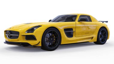 Mercedes-Benz Sls sarı. Üç boyutlu raster resim. İzole araba beyaz arka plan üzerinde. 3D render.