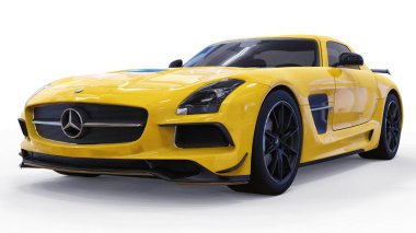 Mercedes-Benz Sls sarı. Üç boyutlu raster resim. İzole araba beyaz arka plan üzerinde. 3D render.