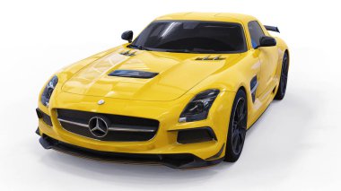Mercedes-Benz Sls sarı. Üç boyutlu raster resim. İzole araba beyaz arka plan üzerinde. 3D render.