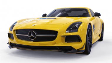 Mercedes-Benz Sls sarı. Üç boyutlu raster resim. İzole araba beyaz arka plan üzerinde. 3D render.