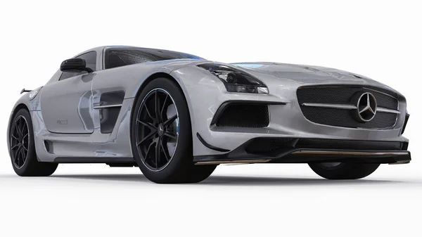 Mercedes-Benz SLS colores gris metálico. Ilustración de trama tridimensional. Coche aislado sobre fondo blanco. renderizado 3d . — Foto de Stock