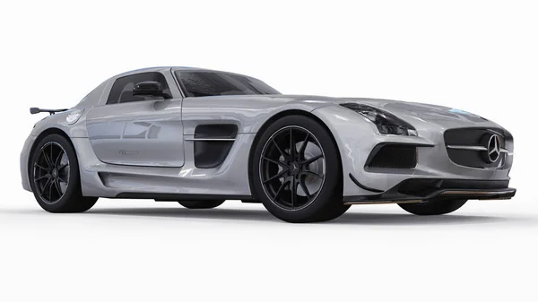 Mercedes-Benz SLS colores gris metálico. Ilustración de trama tridimensional. Coche aislado sobre fondo blanco. renderizado 3d . —  Fotos de Stock