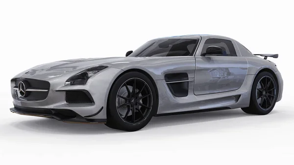 Mercedes-Benz Sls gri metalik renkler. Üç boyutlu raster resim. İzole araba beyaz arka plan üzerinde. 3D render. — Stok fotoğraf