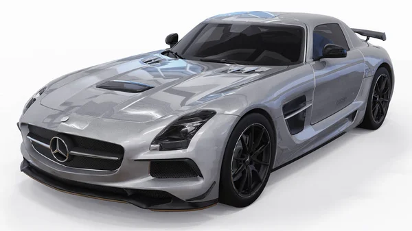 Mercedes-Benz SLS colori grigio metallizzato. Illustrazione raster tridimensionale. Auto isolata su sfondo bianco. rendering 3d . — Foto Stock