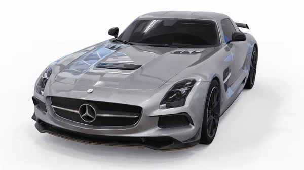 Mercedes-Benz Sls gri metalik renkler. Üç boyutlu raster resim. İzole araba beyaz arka plan üzerinde. 3D render. — Stok fotoğraf