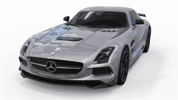 Mercedes-Benz SLS colores gris metálico. Ilustración de trama tridimensional. Coche aislado sobre fondo blanco. renderizado 3d . — Foto de Stock