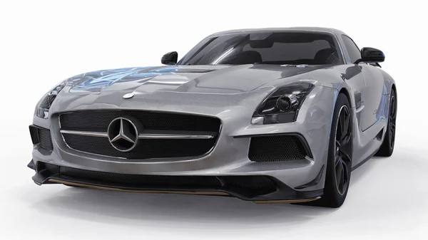 Mercedes-Benz SLS colores gris metálico. Ilustración de trama tridimensional. Coche aislado sobre fondo blanco. renderizado 3d . — Foto de Stock