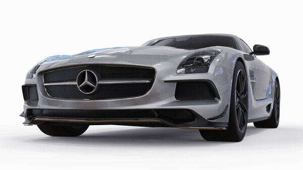 Mercedes-Benz SLS colors gray metallic. Three-dimensional raster illustration. Isolated car on white background. 3d rendering.