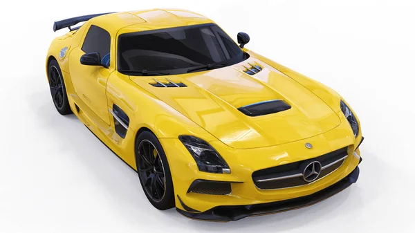 Mercedes-Benz Sls sárga. Háromdimenziós raszteres illusztráció. Elszigetelt autó-a fehér háttér előtt. 3D-leképezés. — Stock Fotó