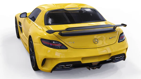 Mercedes-Benz SLS giallo. Illustrazione raster tridimensionale. Auto isolata su sfondo bianco. rendering 3d . — Foto Stock