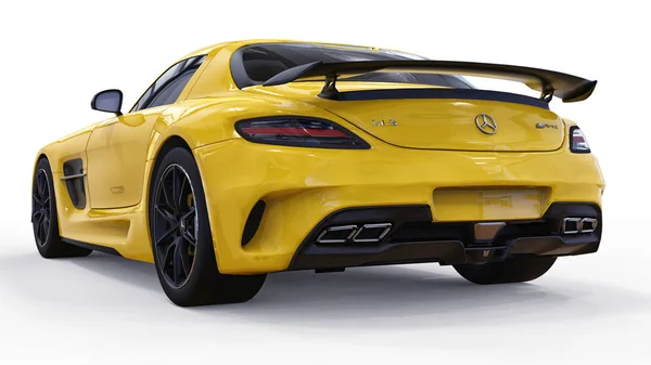 Mercedes-Benz SLS amarillo. Ilustración de trama tridimensional. Coche aislado sobre fondo blanco. renderizado 3d . — Foto de Stock