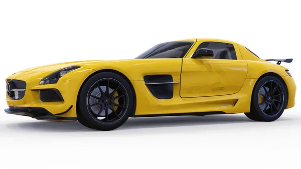 Mercedes-Benz SLS amarillo. Ilustración de trama tridimensional. Coche aislado sobre fondo blanco. renderizado 3d . —  Fotos de Stock
