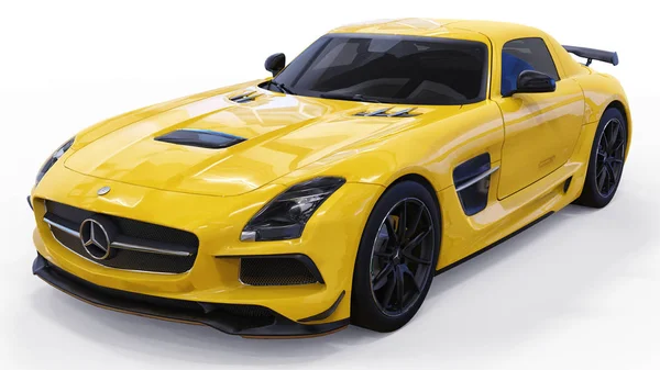 Mercedes-Benz SLS amarillo. Ilustración de trama tridimensional. Coche aislado sobre fondo blanco. renderizado 3d . — Foto de Stock