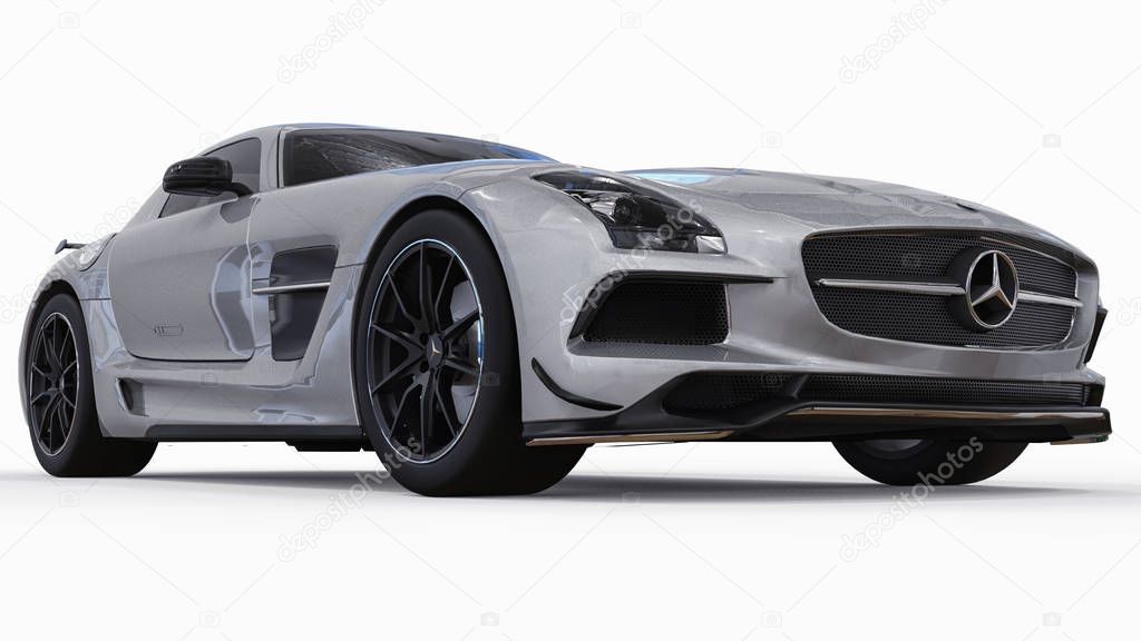 Mercedes-Benz SLS colors gray metallic. Three-dimensional raster illustration. Isolated car on white background. 3d rendering