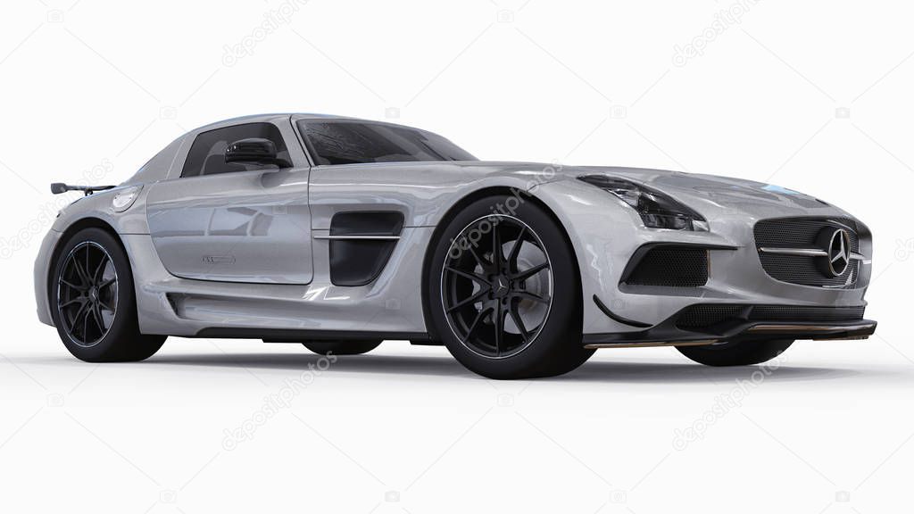 Mercedes-Benz SLS colors gray metallic. Three-dimensional raster illustration. Isolated car on white background. 3d rendering