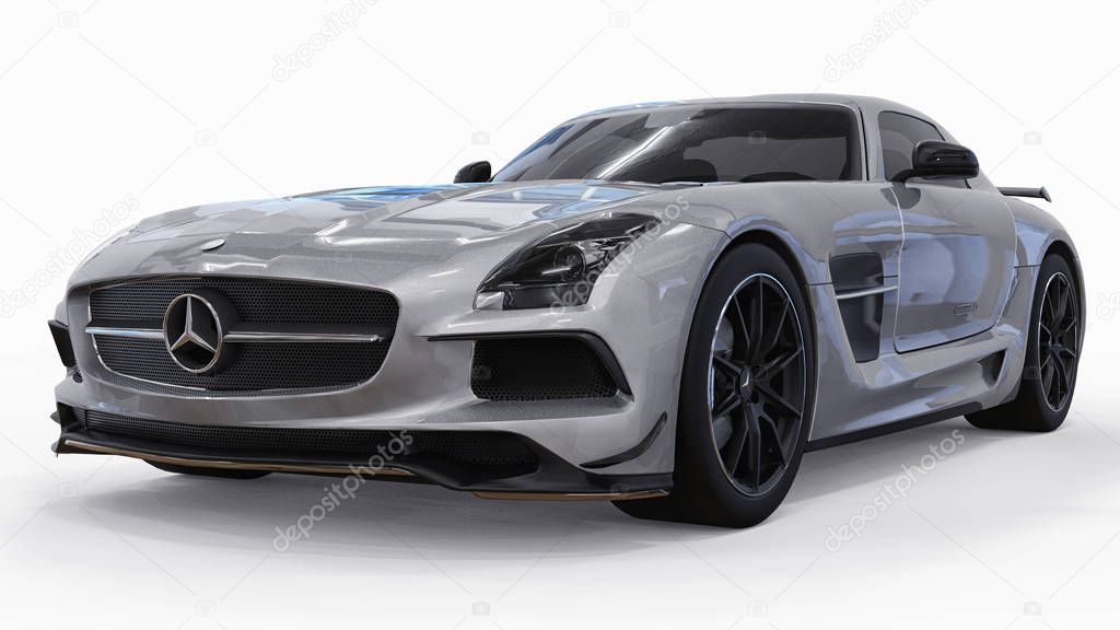 Mercedes-Benz SLS colors gray metallic. Three-dimensional raster illustration. Isolated car on white background. 3d rendering