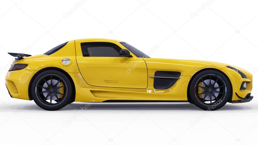 Mercedes-Benz SLS yellow. Three-dimensional raster illustration. Isolated car on white background. 3d rendering