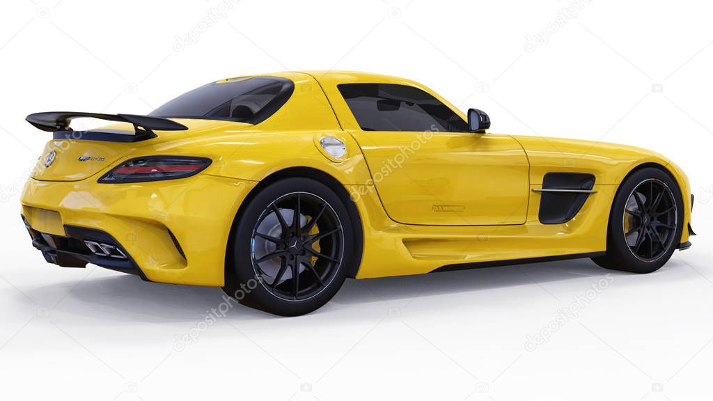 Mercedes-Benz SLS yellow. Three-dimensional raster illustration. Isolated car on white background. 3d rendering