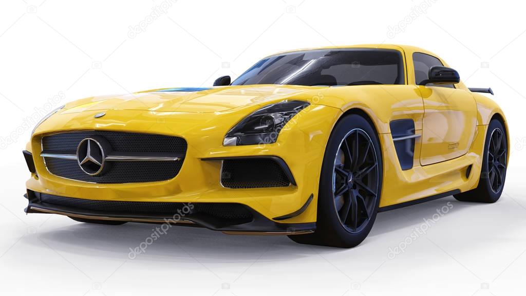 Mercedes-Benz SLS yellow. Three-dimensional raster illustration. Isolated car on white background. 3d rendering